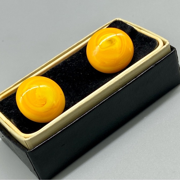 Vintage Art Glass Cuff Links Orange Yellow Swirls Handmade Blown Glass - Picture 11 of 15